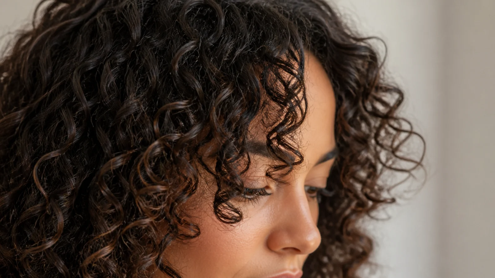 Curly 3b hair with long curtain bangs cut dry to allow for curl shrinkage at the cheekbone