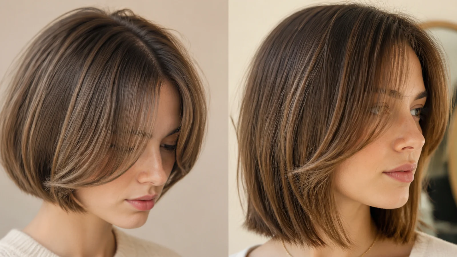 Chin length bob with short curtain bangs beside a lob with long cheekbone curtain bangs