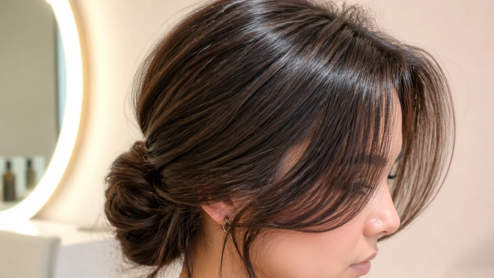 Low bun updo with long curtain bangs pinned flat compared with short curtain bangs left out