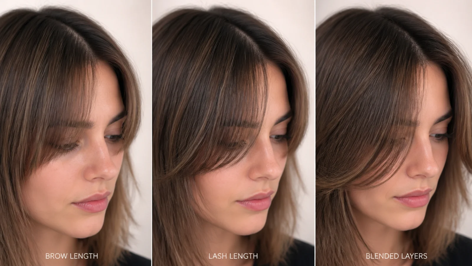 Grow out stages of short curtain bangs from brow length through lash length to blended layers