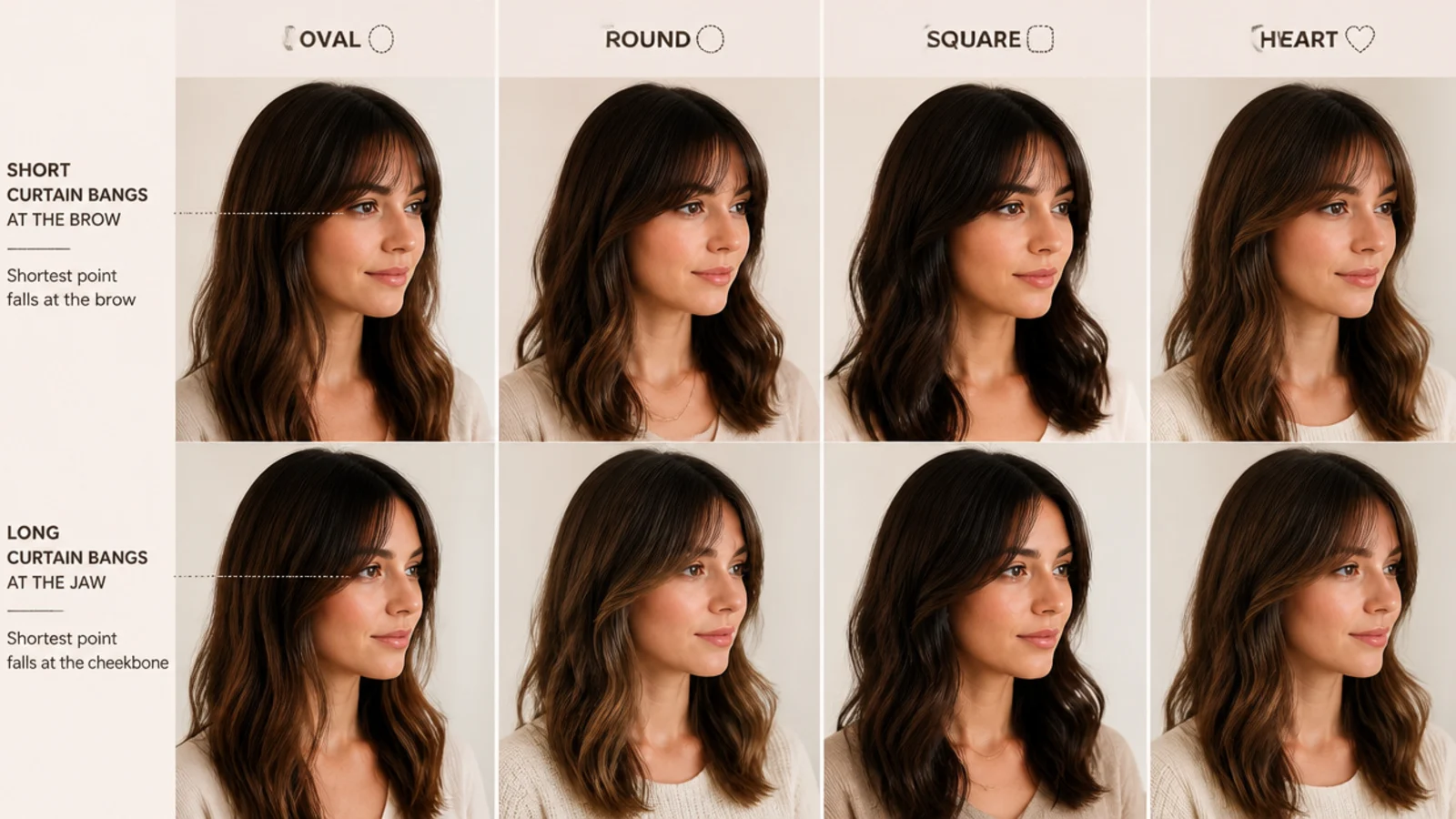 Four face shapes compared with short curtain bangs at the brow and long curtain bangs at the jaw
