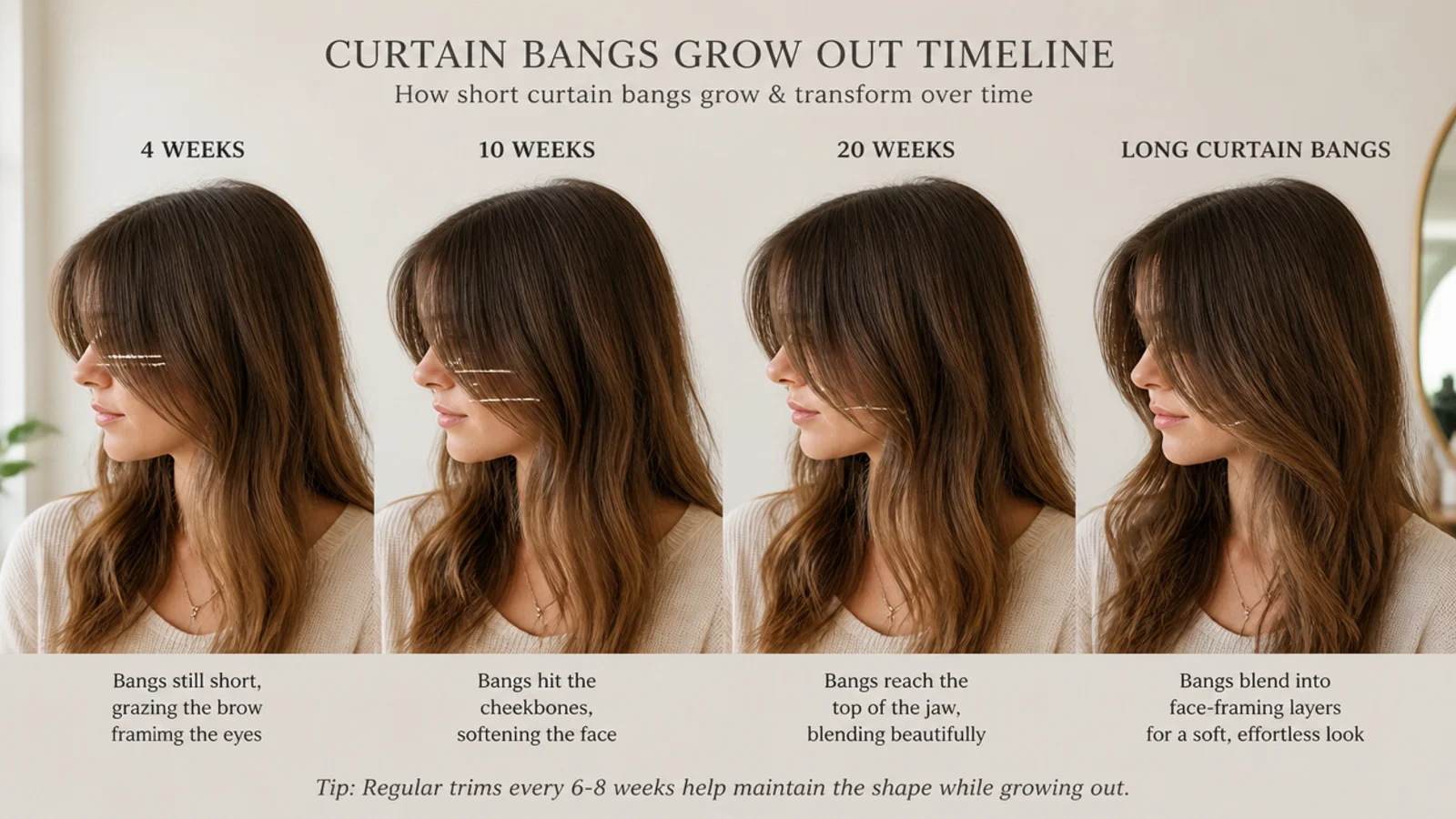 Grow out timeline comparing short curtain bangs at four ten and twenty weeks against long curtain bangs
