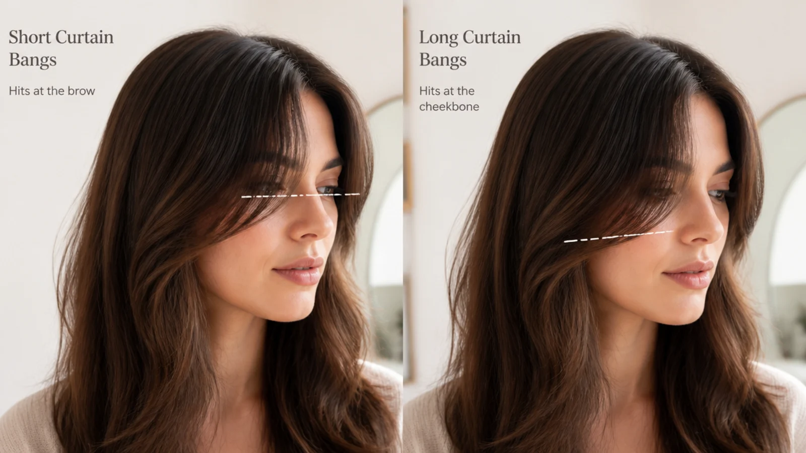 Short vs long curtain bangs compared side by side, brow-grazing fringe next to cheekbone length curtain bangs