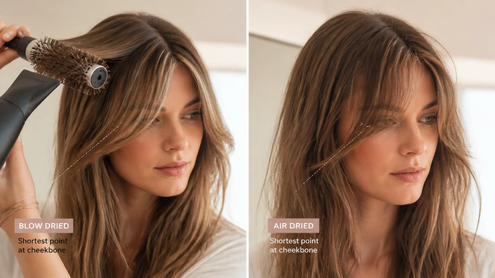Round brush blow-drying short curtain bangs away from a center part beside air-dried long curtain bangs