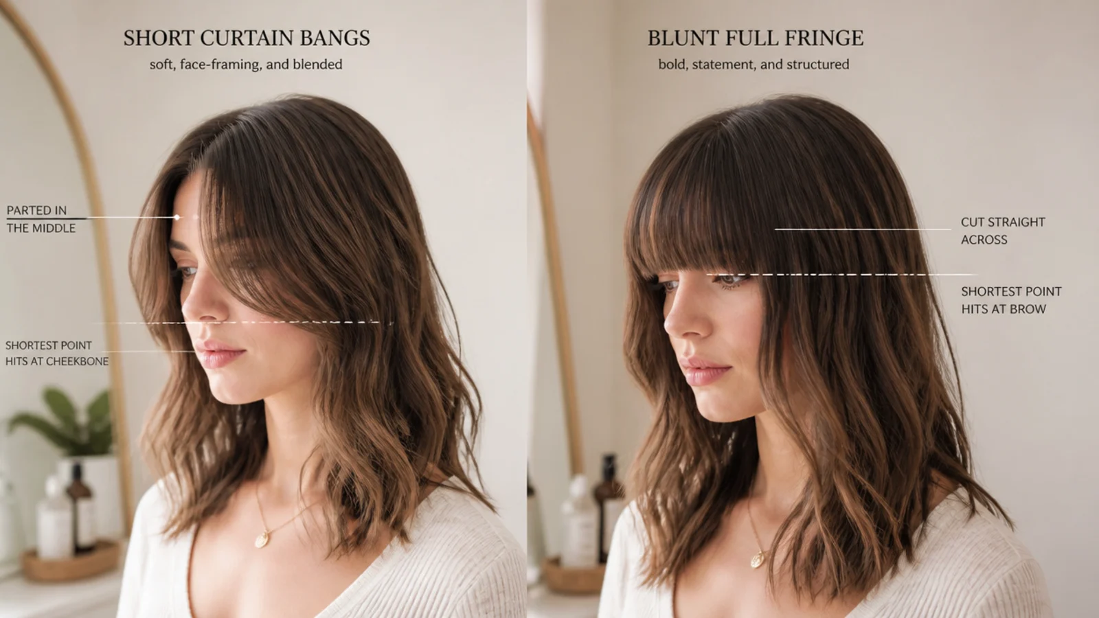 Diagram comparing short curtain bangs parted in the middle with a blunt full fringe cut straight across