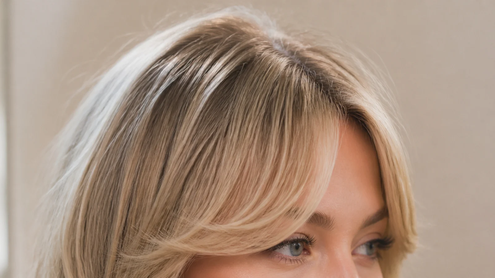 Soft short curtain bangs on fine blonde hair with root lift at the fringe and feathered ends