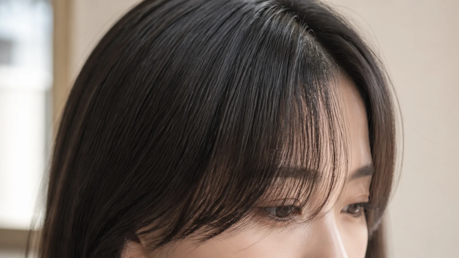 Soft short curtain bangs on straight dark hair showing tapered blended ends and no blunt line