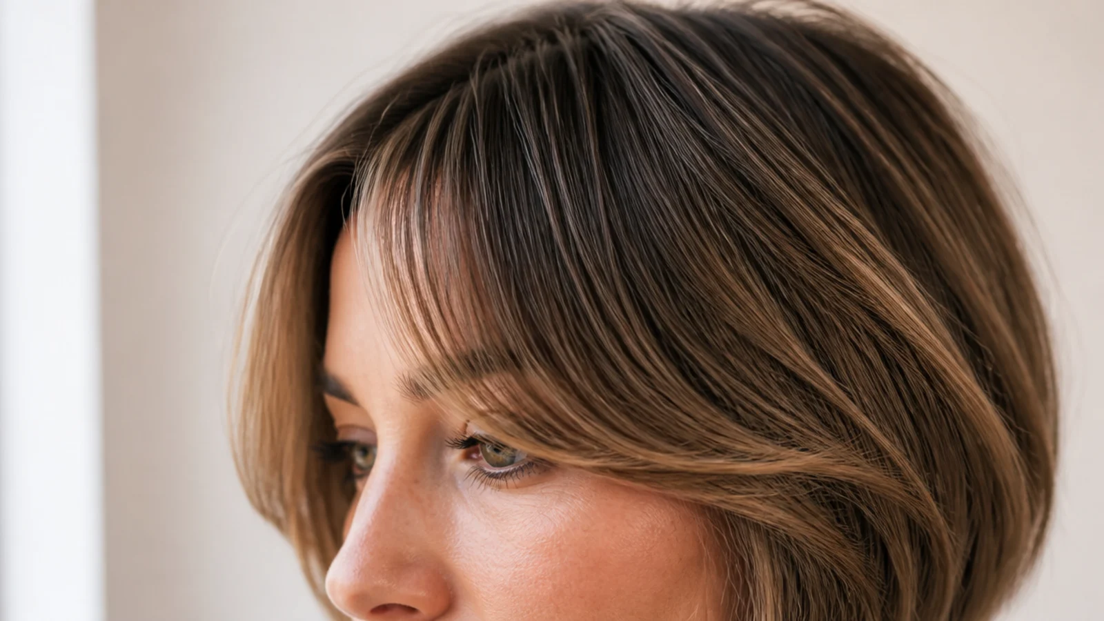 Soft short curtain bangs paired with a jaw-length bob and blended face-framing sides