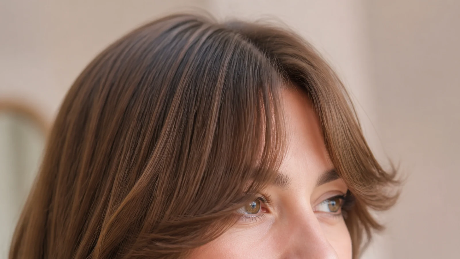 Soft short curtain bangs blow-dried with the ends flicked outward in a seventies style