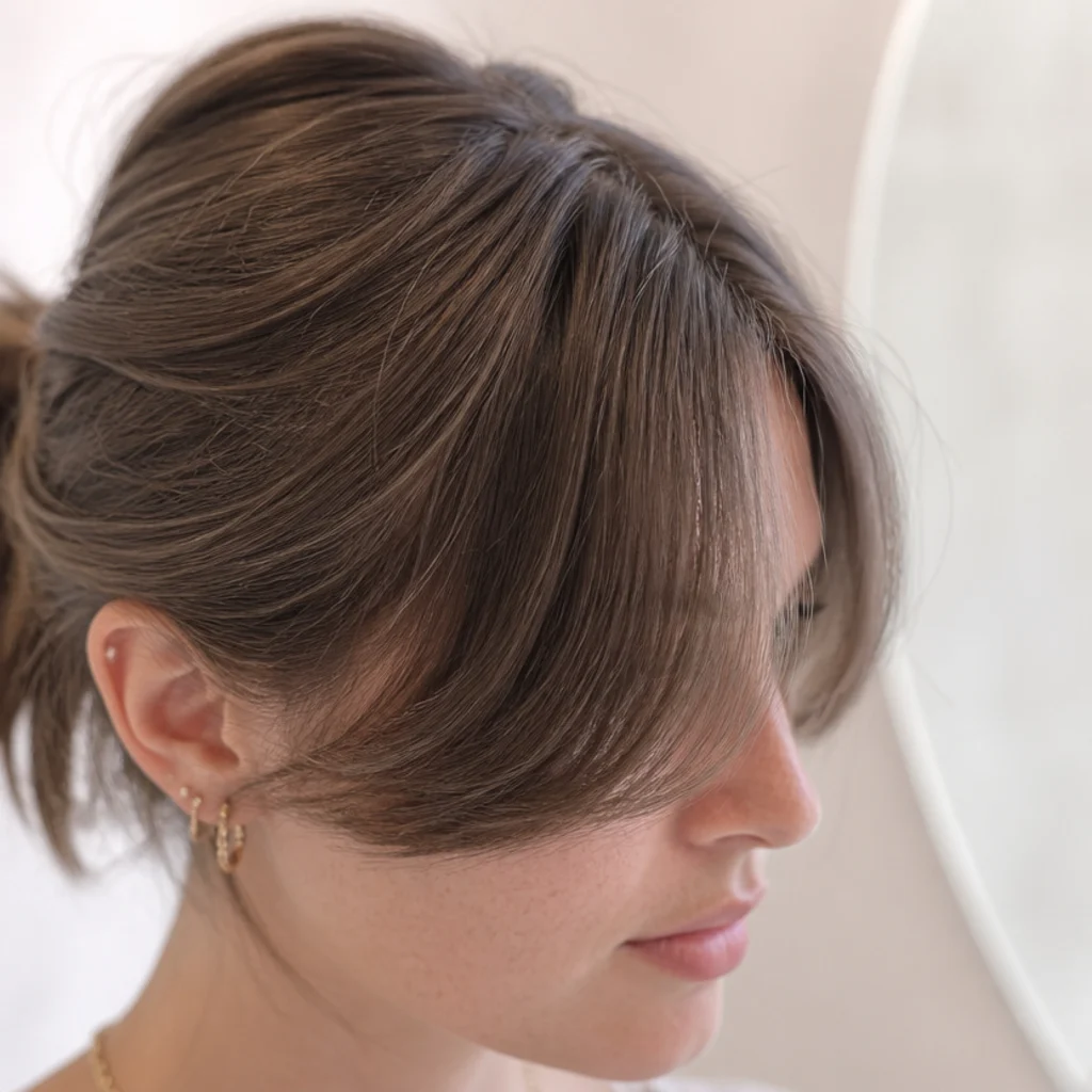Soft short curtain bangs with heavily tapered ends softening a square jawline