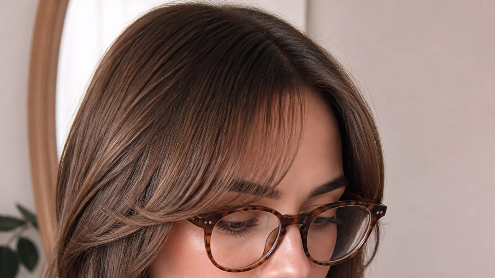 Soft short curtain bangs worn with glasses, the fringe sitting clear of the frame top bar