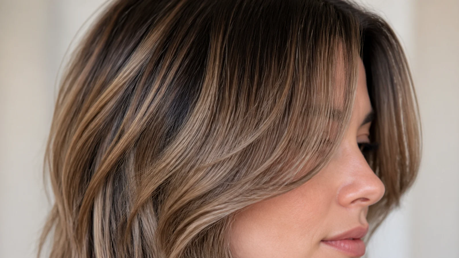 Grown-out soft short curtain bangs at the cheekbone blending into face-framing layers
