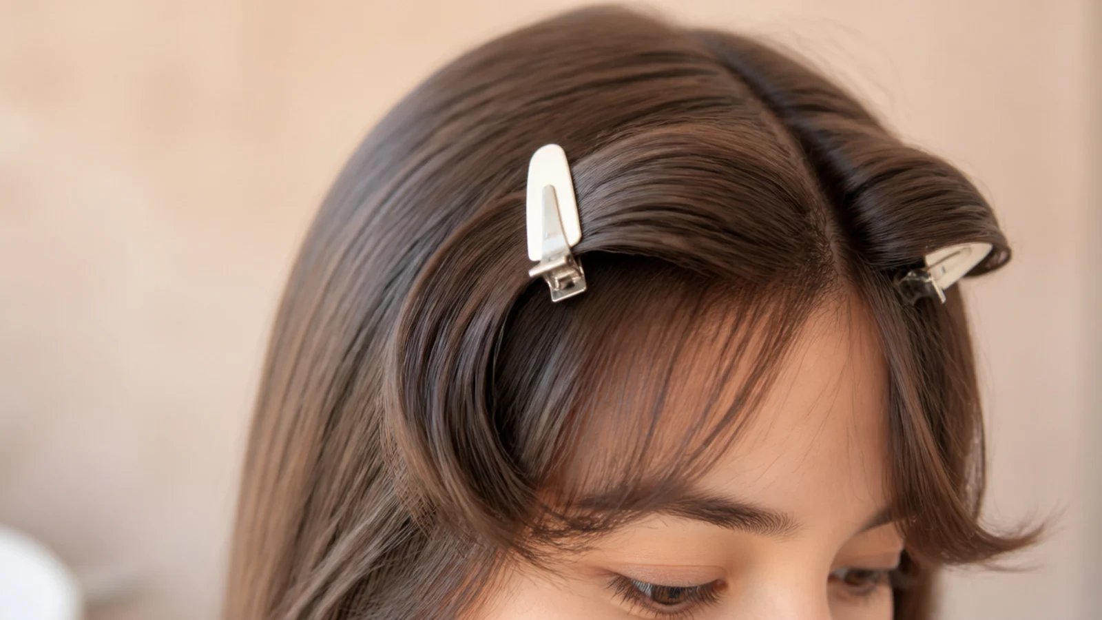 Soft short curtain bangs set with no-crease clips to dry with root lift and an outward bend