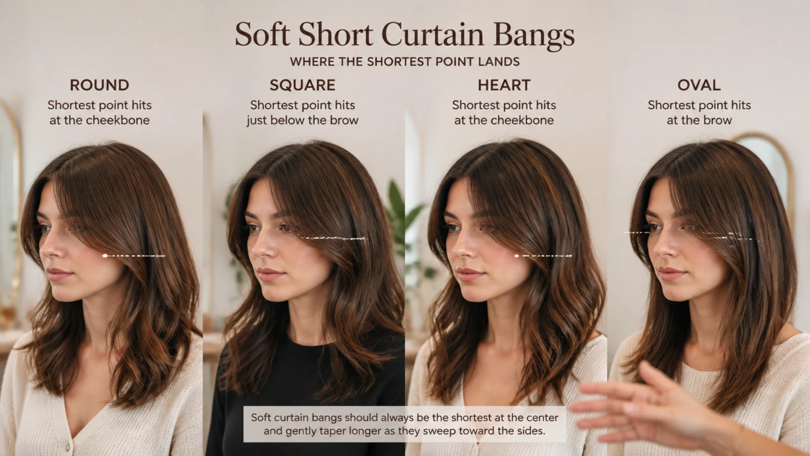 Four face shapes compared with soft short curtain bangs cut at different heights and tapers