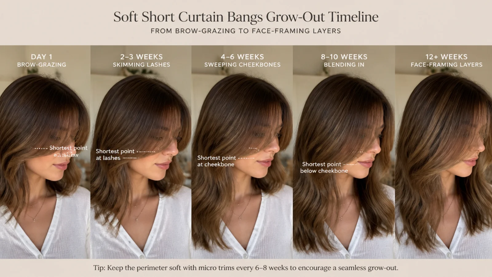 Grow-out timeline of soft short curtain bangs from brow-grazing to blended face-framing layers