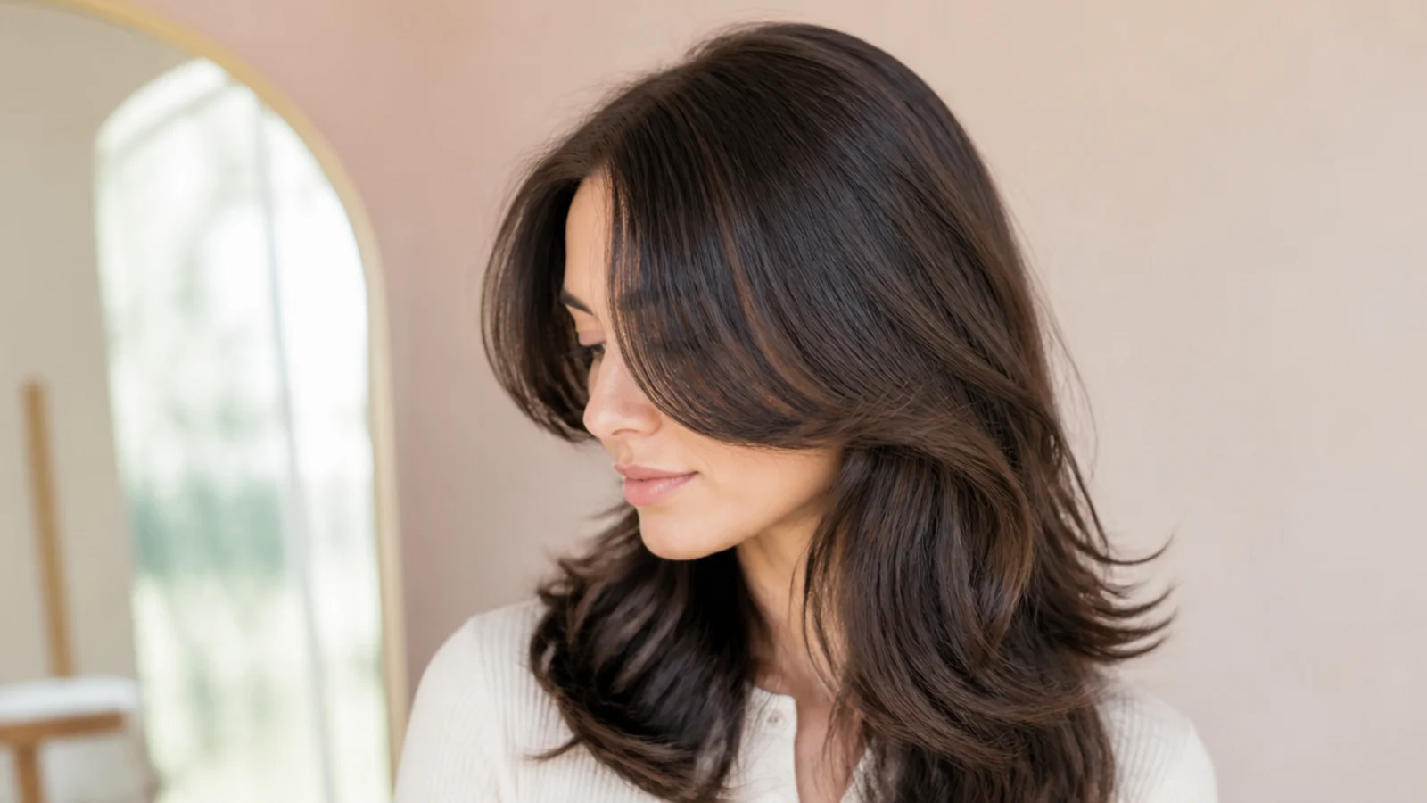 Soft short curtain bangs parted in the center with tapered ends grazing the eyebrow and sweeping toward the cheekbone
