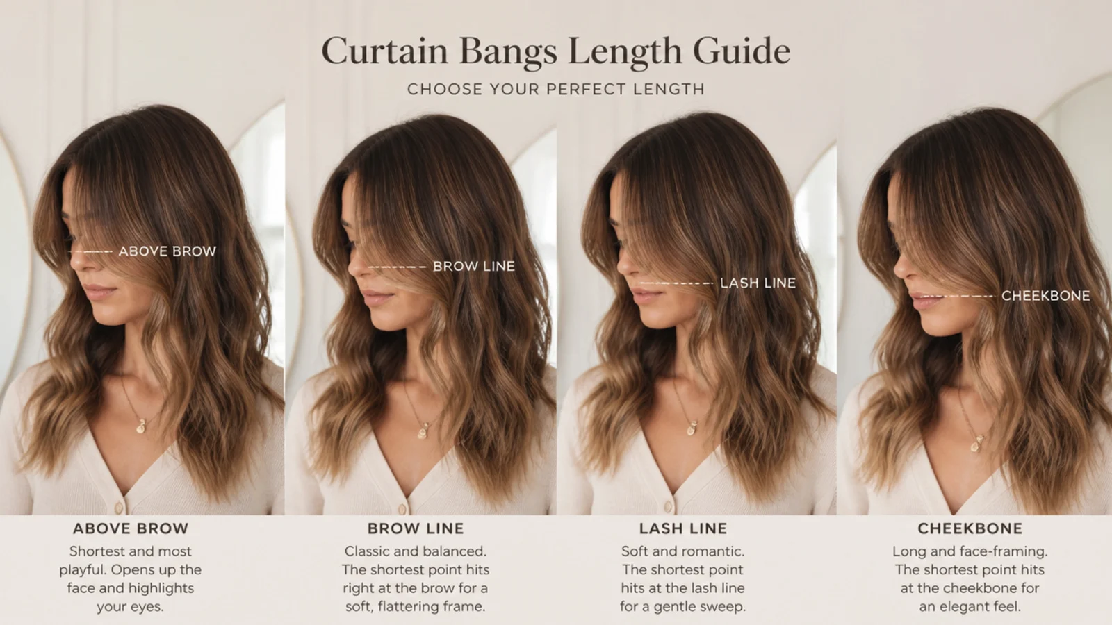 Length guide showing soft short curtain bangs at cheekbone, lash line, brow and above-brow heights