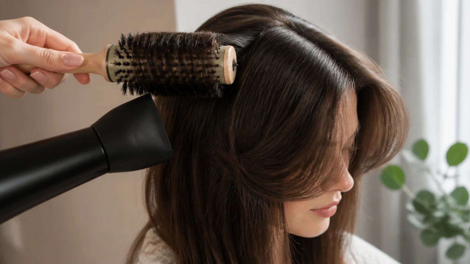 Round brush blow-drying soft short curtain bangs away from the center part for root lift