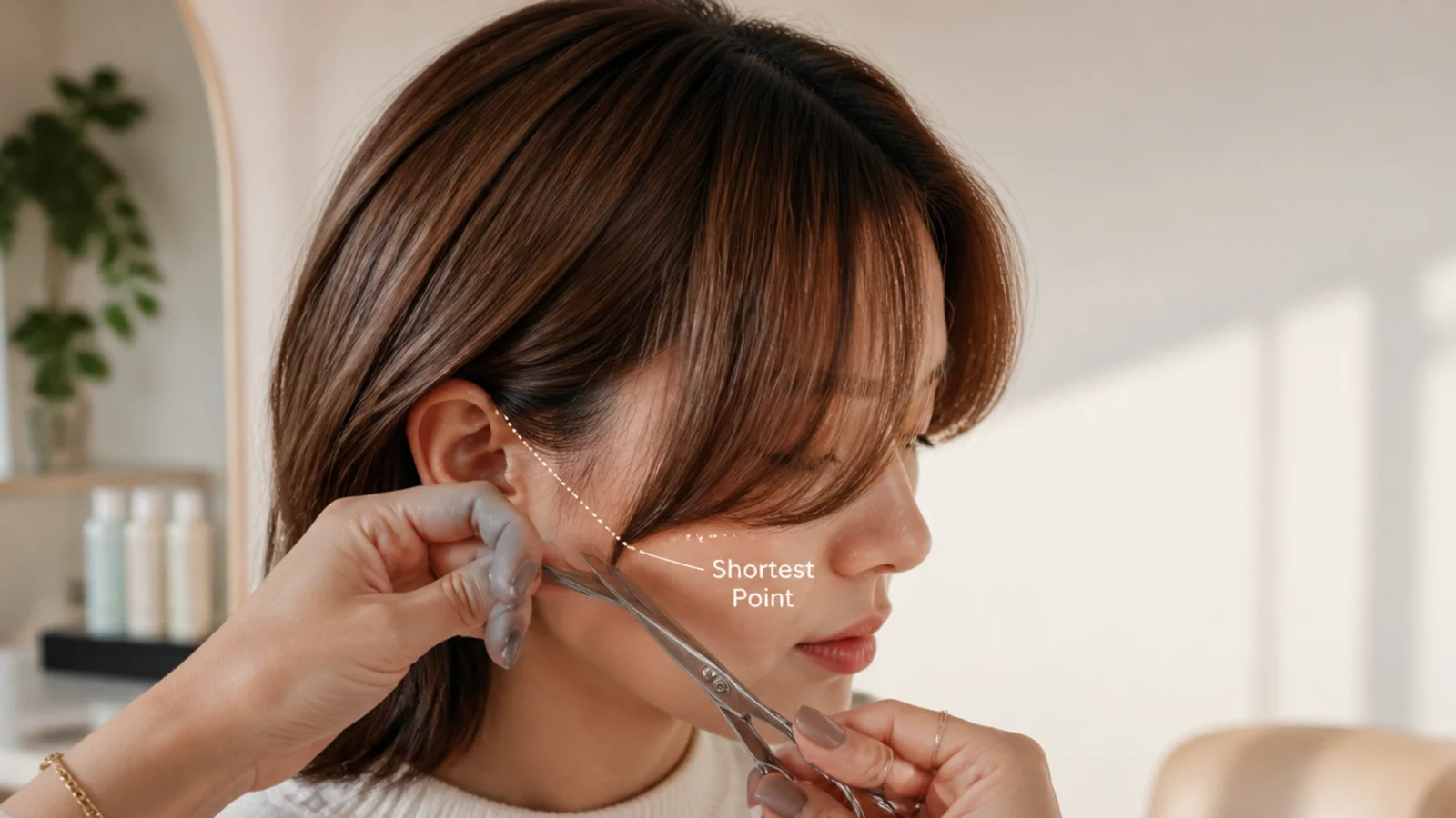 Salon fringe trim on soft short curtain bangs with point-cutting shears held at a steep angle