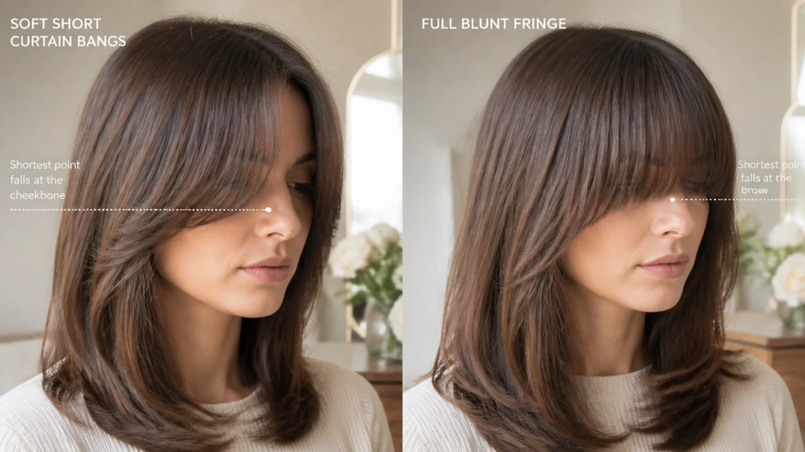 Side by side comparison of soft short curtain bangs and a full blunt fringe on the same face