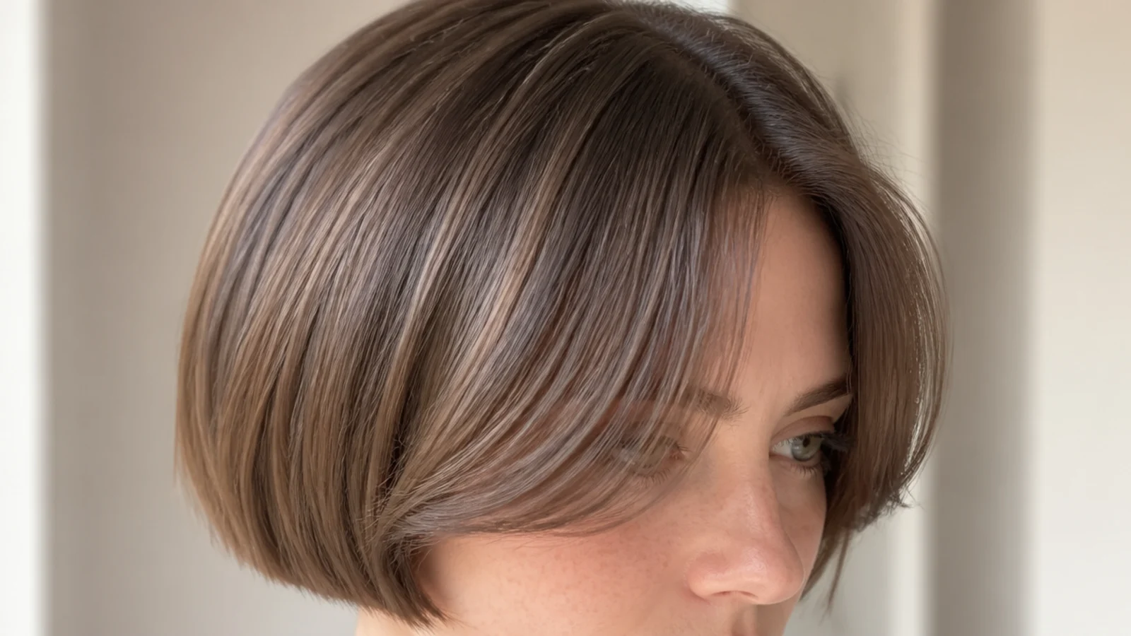 Chin-length straight bob with short curtain bangs sweeping away from a center part
