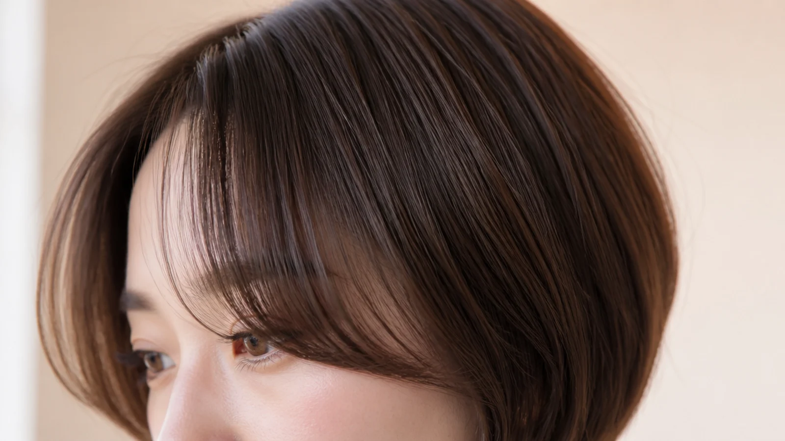 Straight short curtain bangs on a round face with the shortest point sitting at the cheekbone