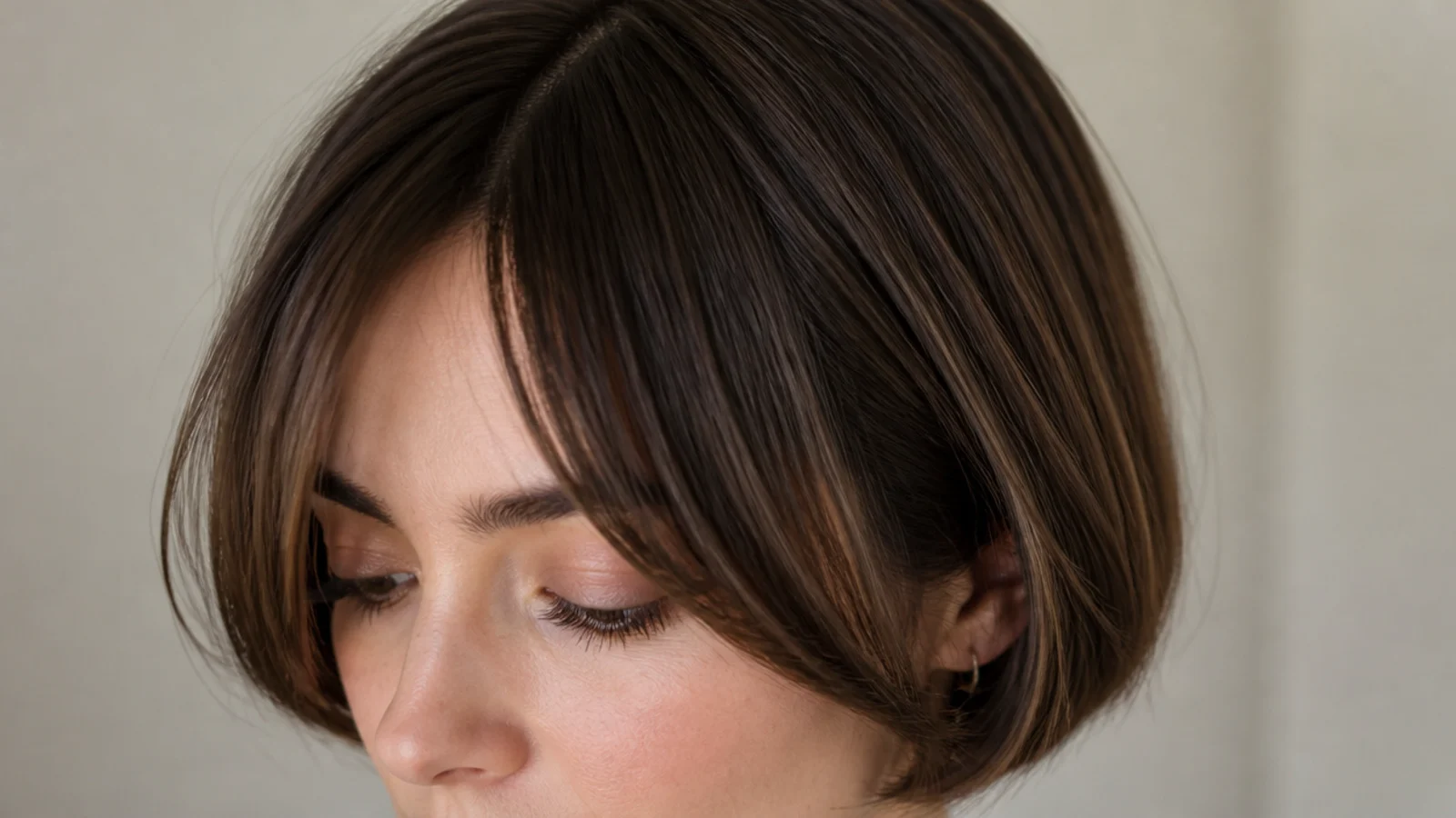 French bob cut at the jaw with straight short curtain bangs parted in the middle