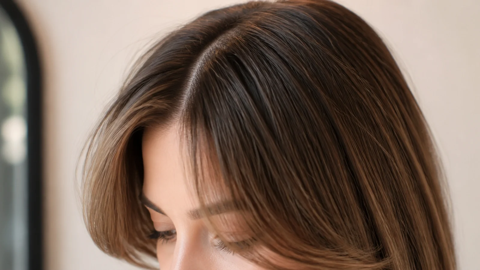 Straight short curtain bangs with a deep center part running two inches back from the hairline