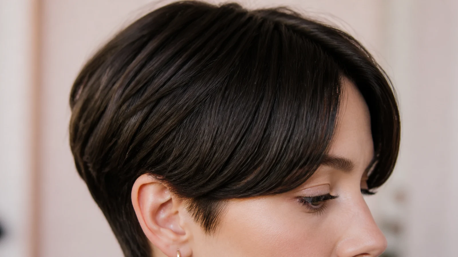 Sleek straight pixie cut with short curtain bangs parted in the middle and swept to each side