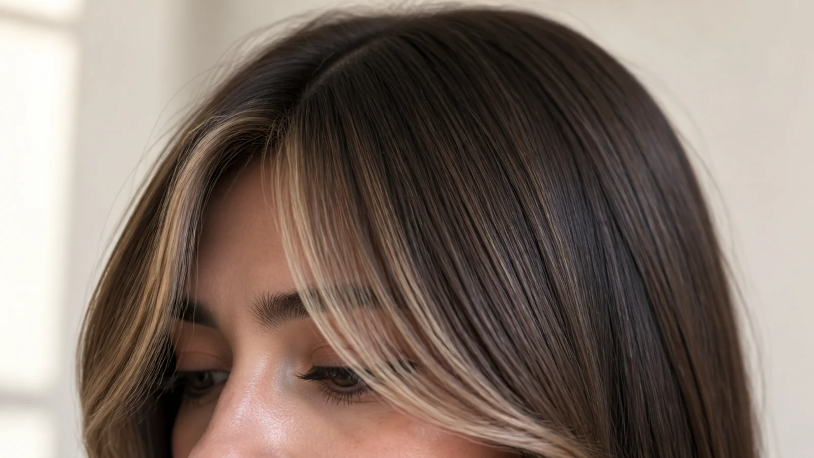 Straight short curtain bangs with lighter money-piece highlights running through the front sections