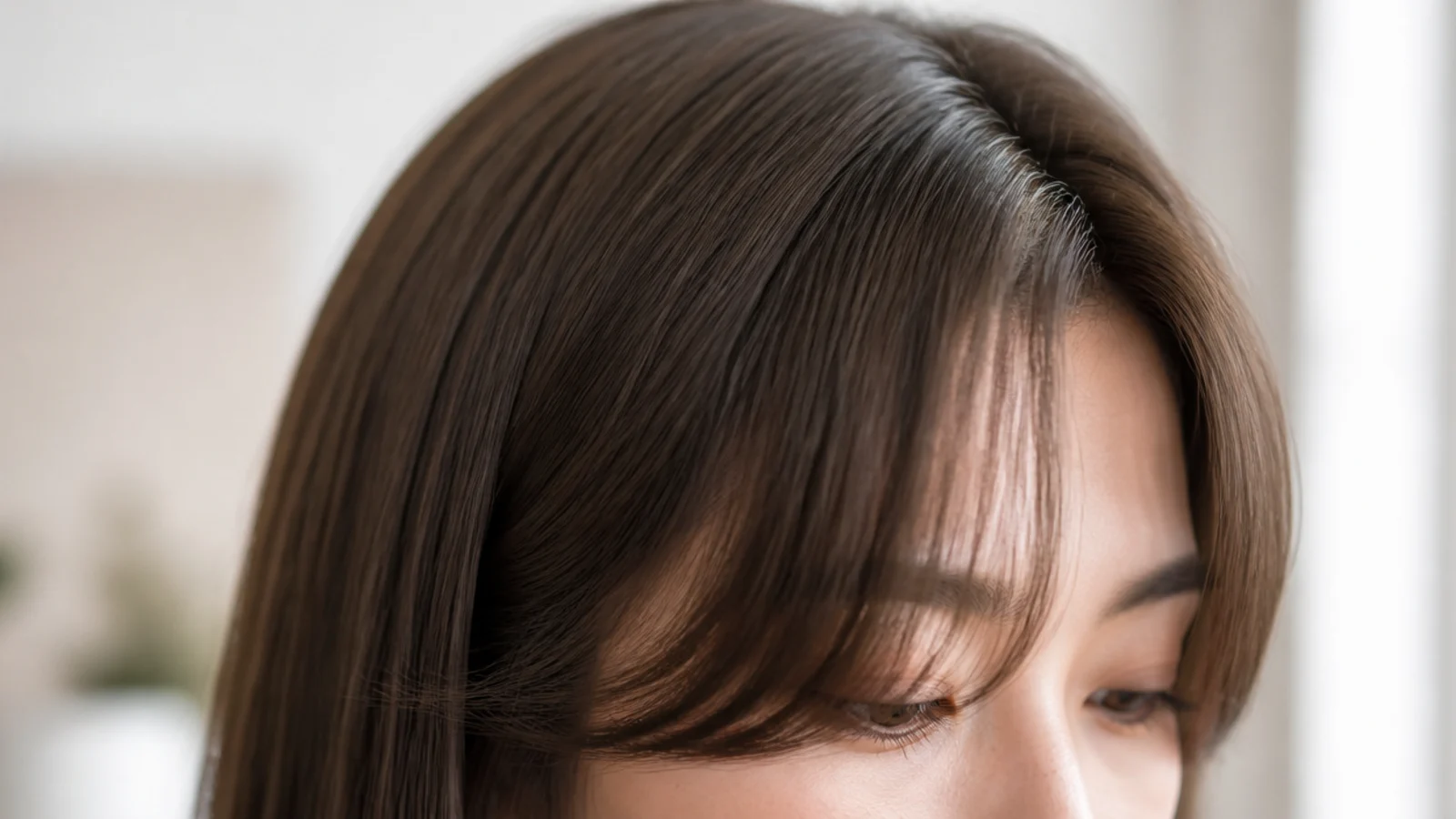 Shoulder-length straight hair with short curtain bangs and soft face-framing pieces behind them