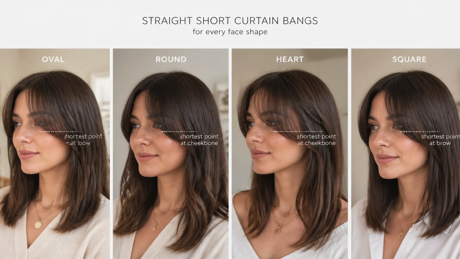 Straight short curtain bangs shown across oval, round, heart and square face shapes