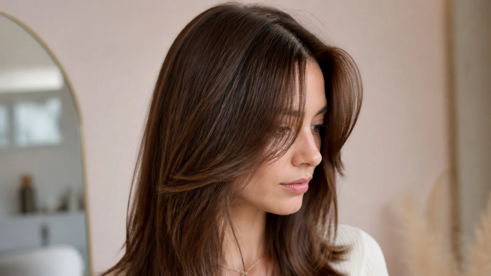 Straight short curtain bangs parted in the middle and swept away from the face at brow length