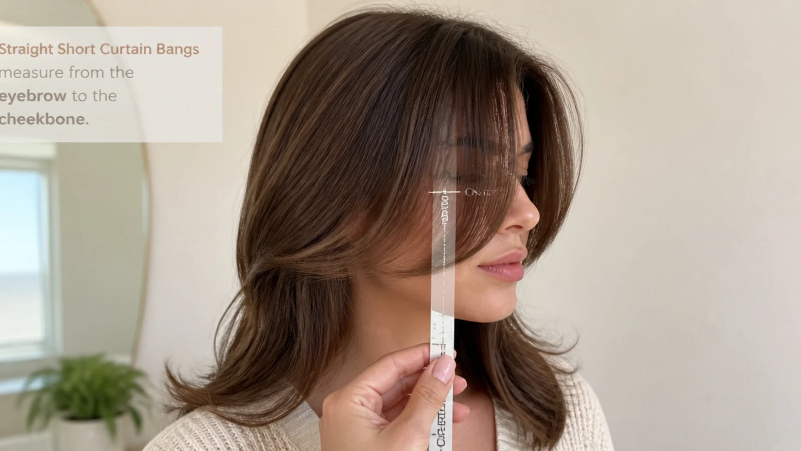 Length reference for straight short curtain bangs measured from the eyebrow down to the cheekbone