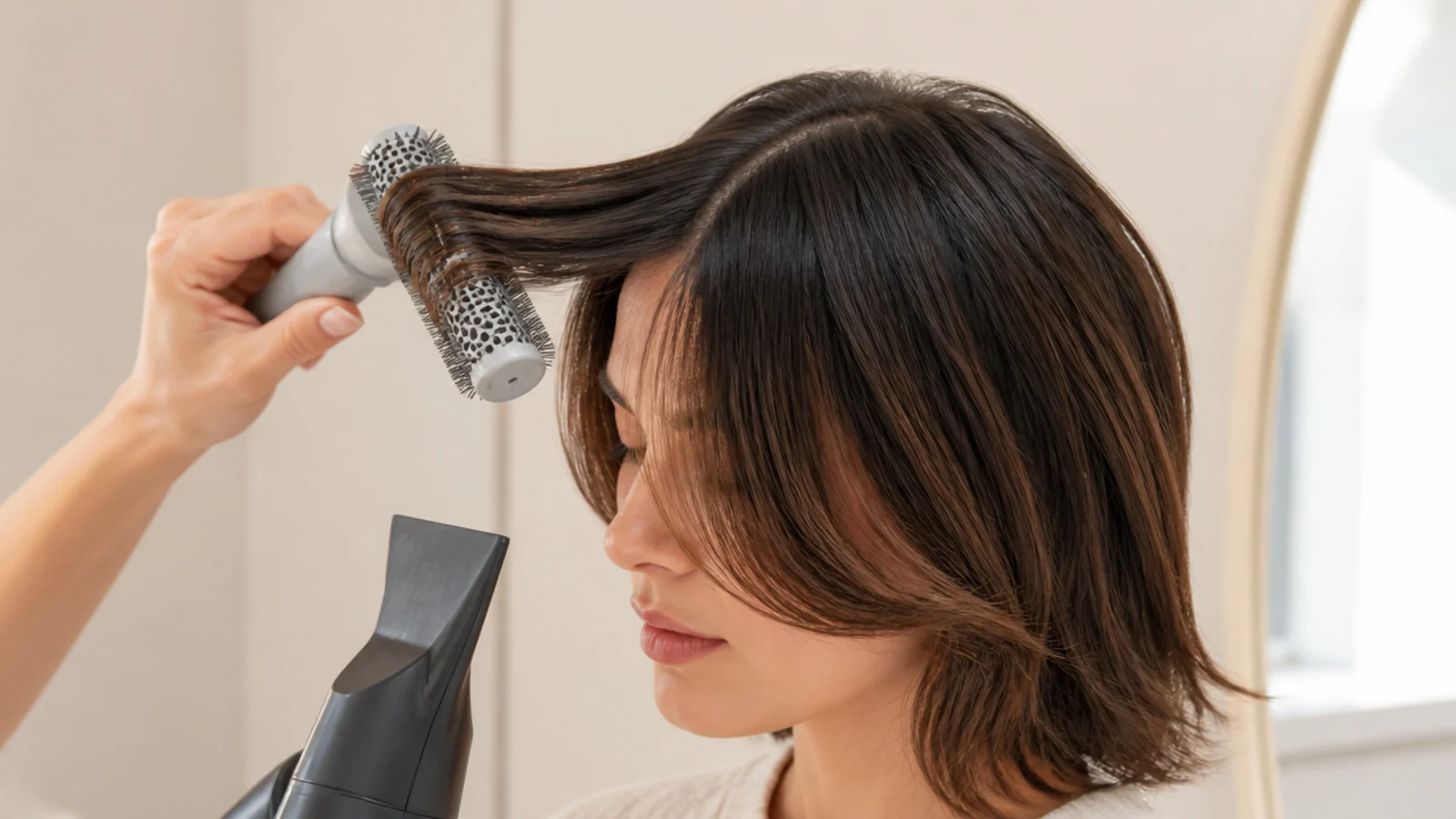 Round brush blow-drying straight short curtain bangs away from a center part for volume
