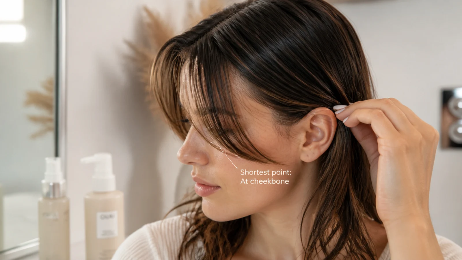 Straight short curtain bangs mid grow-out being tucked behind the ear while damp to blend