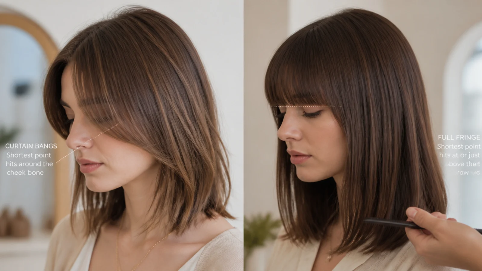 Comparison of straight short curtain bangs parted in the middle next to a solid straight-across full fringe