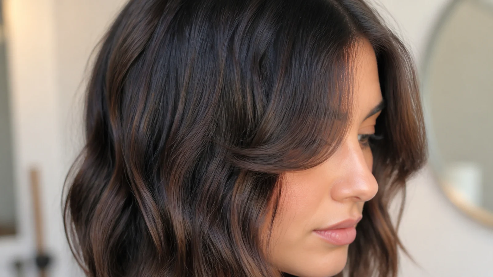 Wavy short curtain bangs with a collarbone lob and long invisible layers behind the fringe