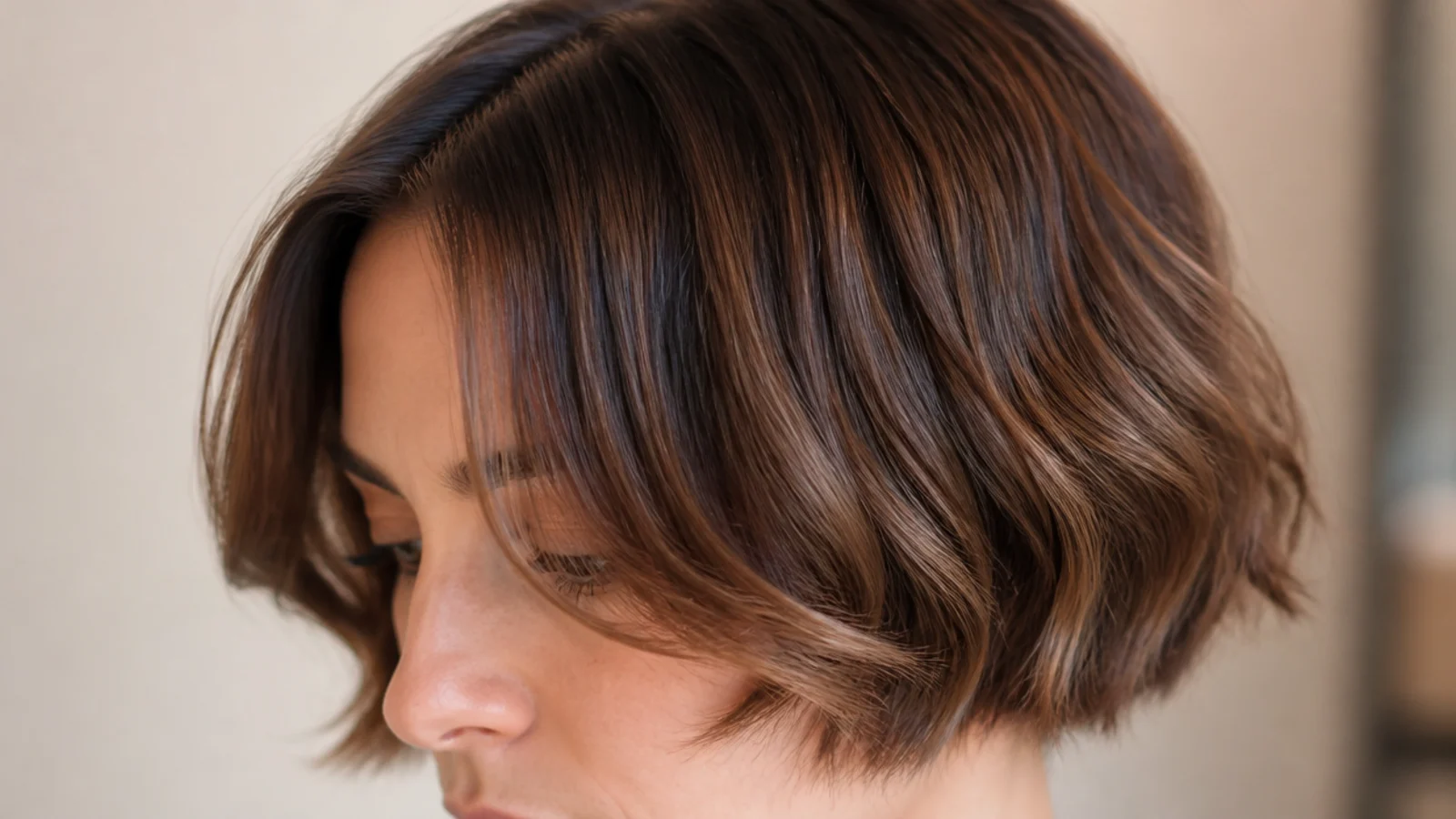 Wavy short curtain bangs with a chin-length French bob and softly textured ends