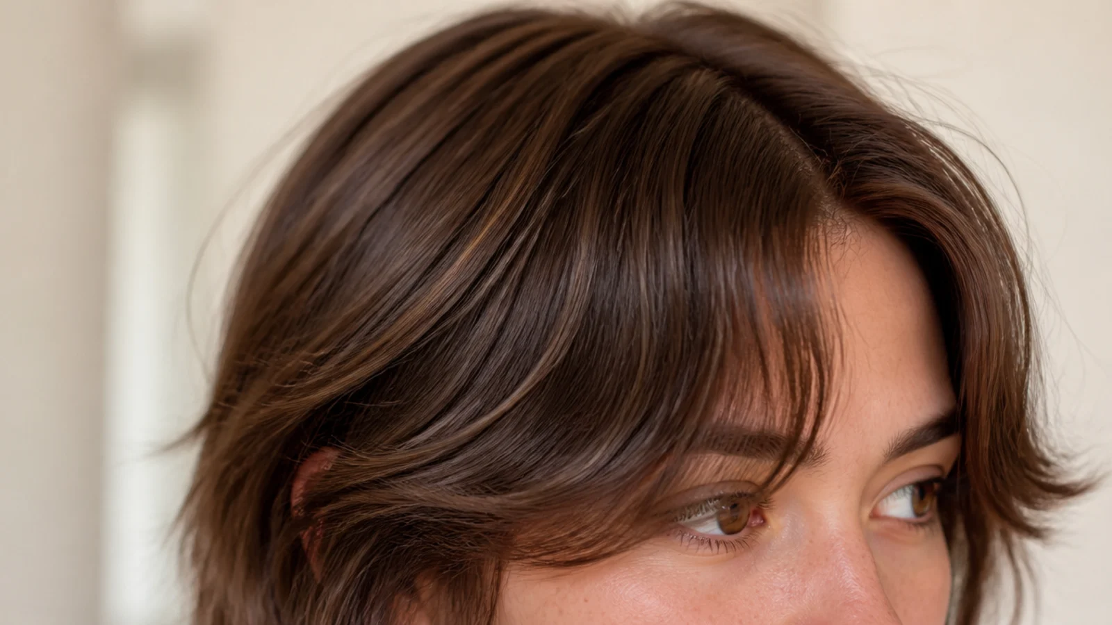 Air-dried wavy short curtain bangs styled with no heat and a soft natural bend at the ends