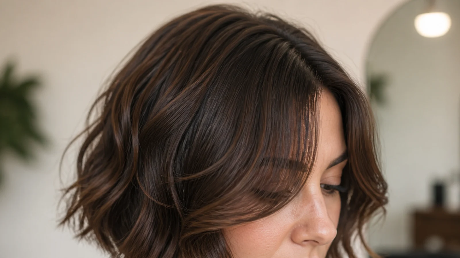 Wavy short curtain bangs on a chin-length bob with the fringe sweeping into the front sections