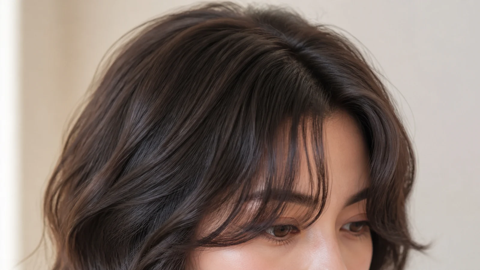 Wavy short curtain bangs on thick dense hair with internal weight removed so the fringe lies flat
