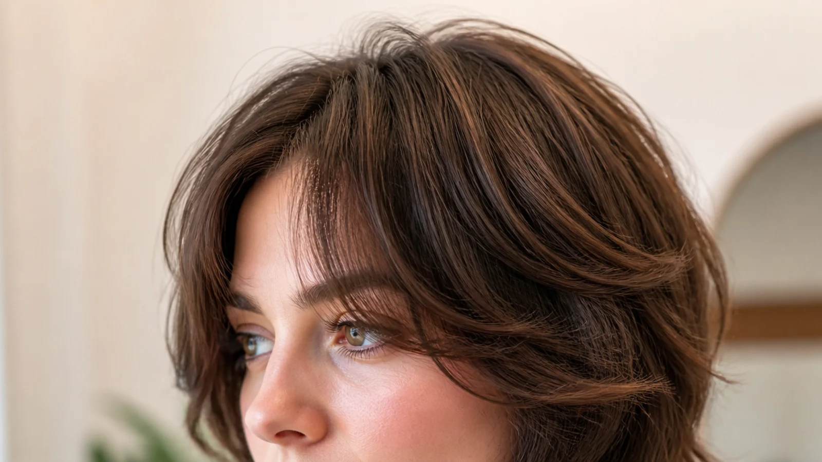 Wavy short curtain bangs with a wolf cut, heavy crown layers and a long wispy perimeter