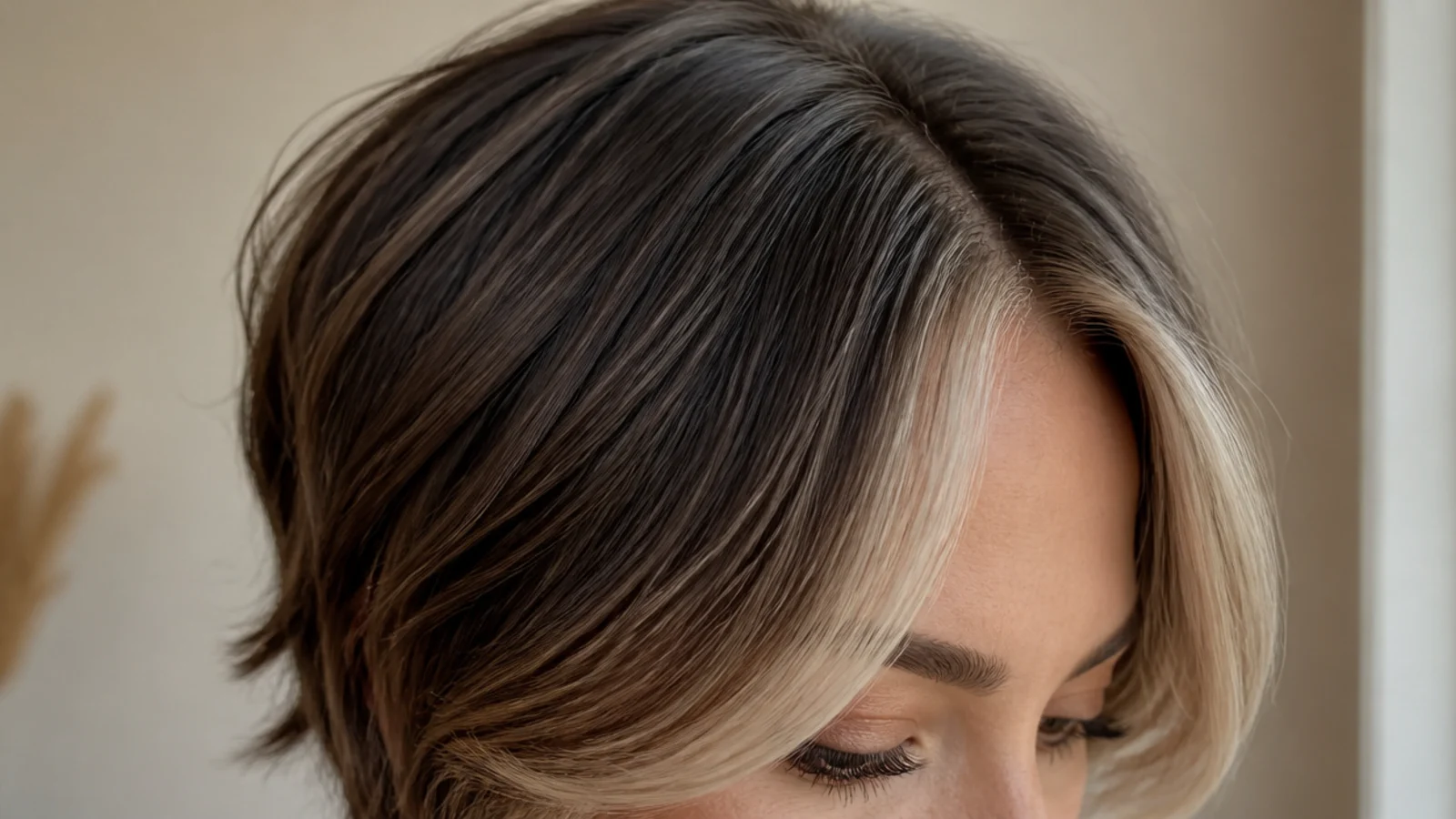 Wavy short curtain bangs with a lightened money piece brightening both sides of the center part