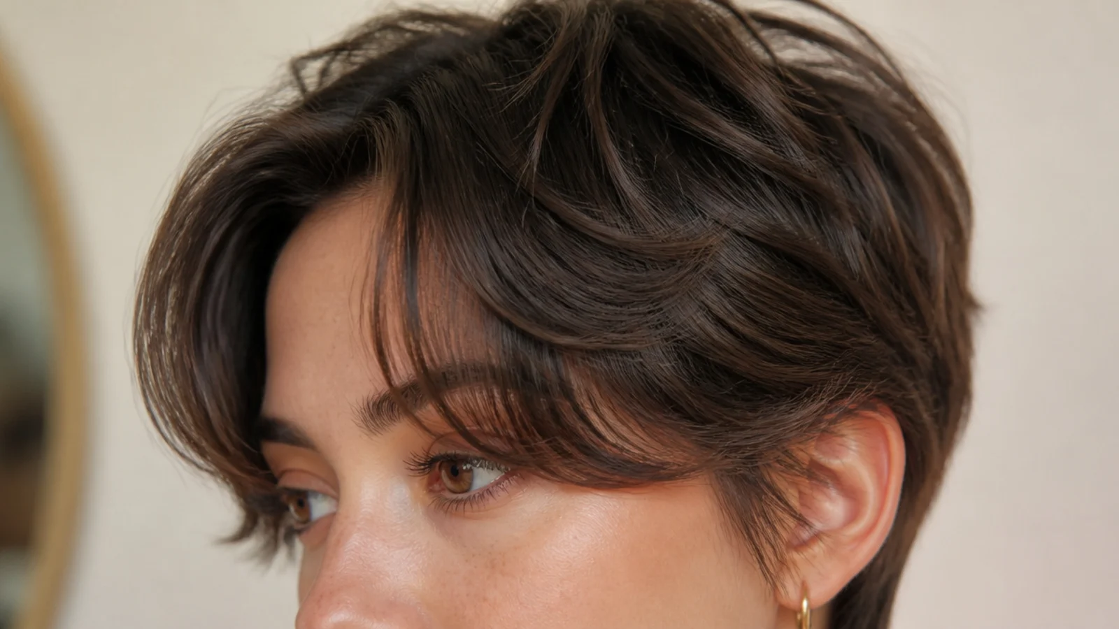 Wavy short curtain bangs on a pixie shag with textured crown layers and a soft center-parted fringe