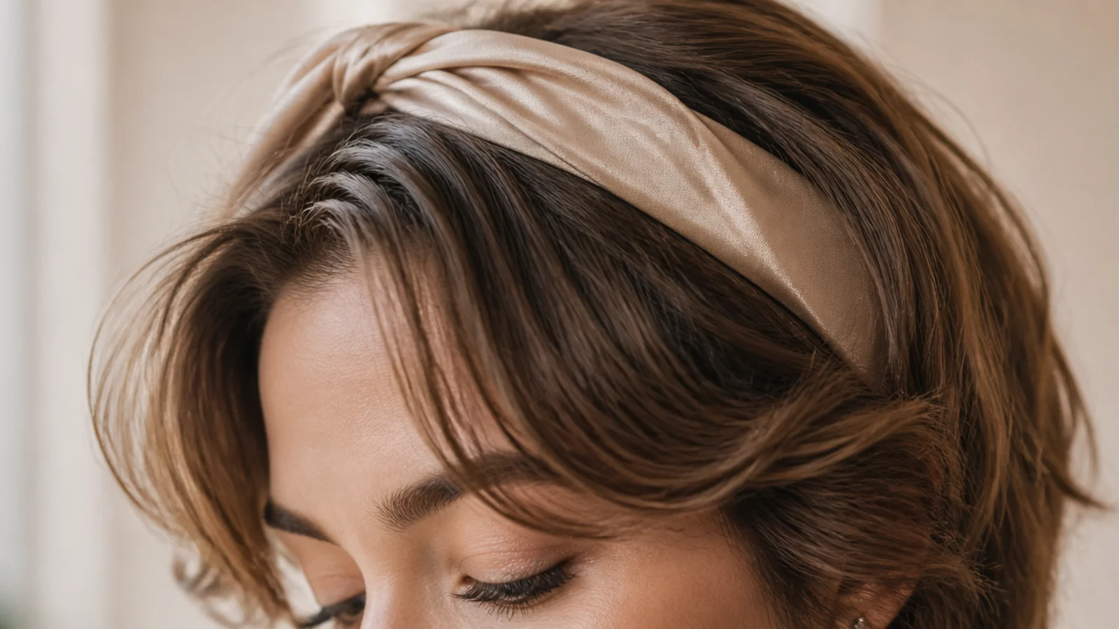 Wavy short curtain bangs pushed back and held with a wide silk headband on a wash-day-three fringe