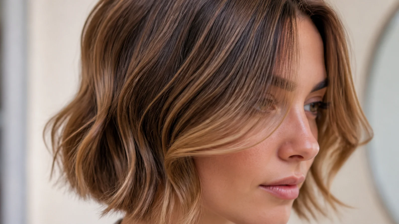 Wavy short curtain bangs with a curling wand bend framing an oval face at cheekbone length