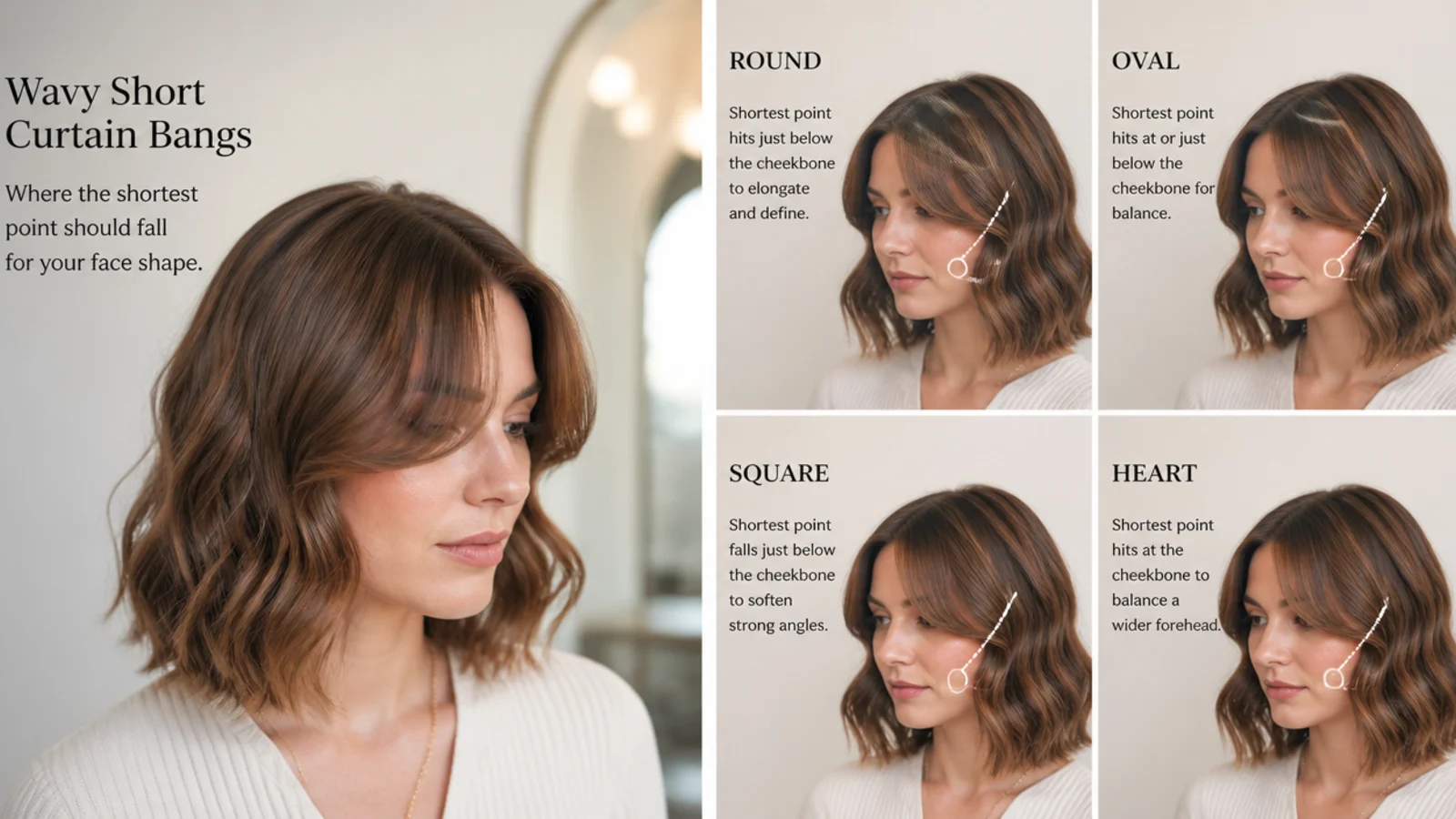 Face shape guide showing where wavy short curtain bangs should sit for round, oval, square and heart faces
