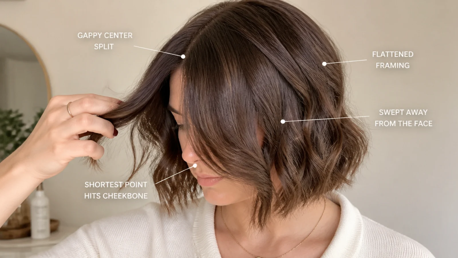 Common wavy short curtain bangs problems including a gappy center split and a flattened fringe