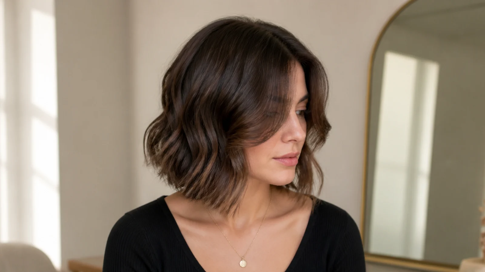 Wavy short curtain bangs parted in the middle and sweeping away from the face at brow length